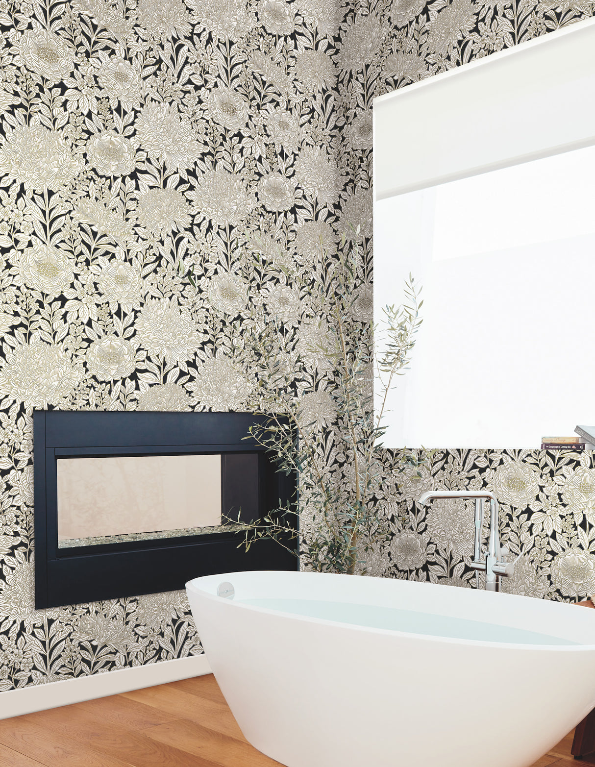 York BW3923 Wood Block Blooms Black & Gold Wallpaper