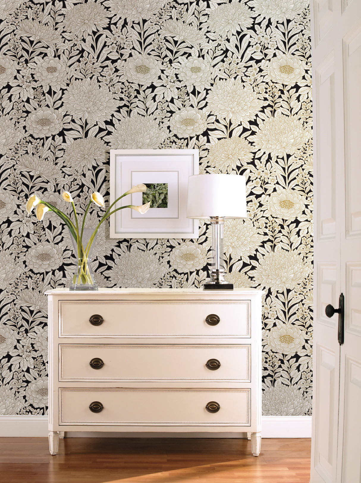 York BW3923 Wood Block Blooms Black & Gold Wallpaper