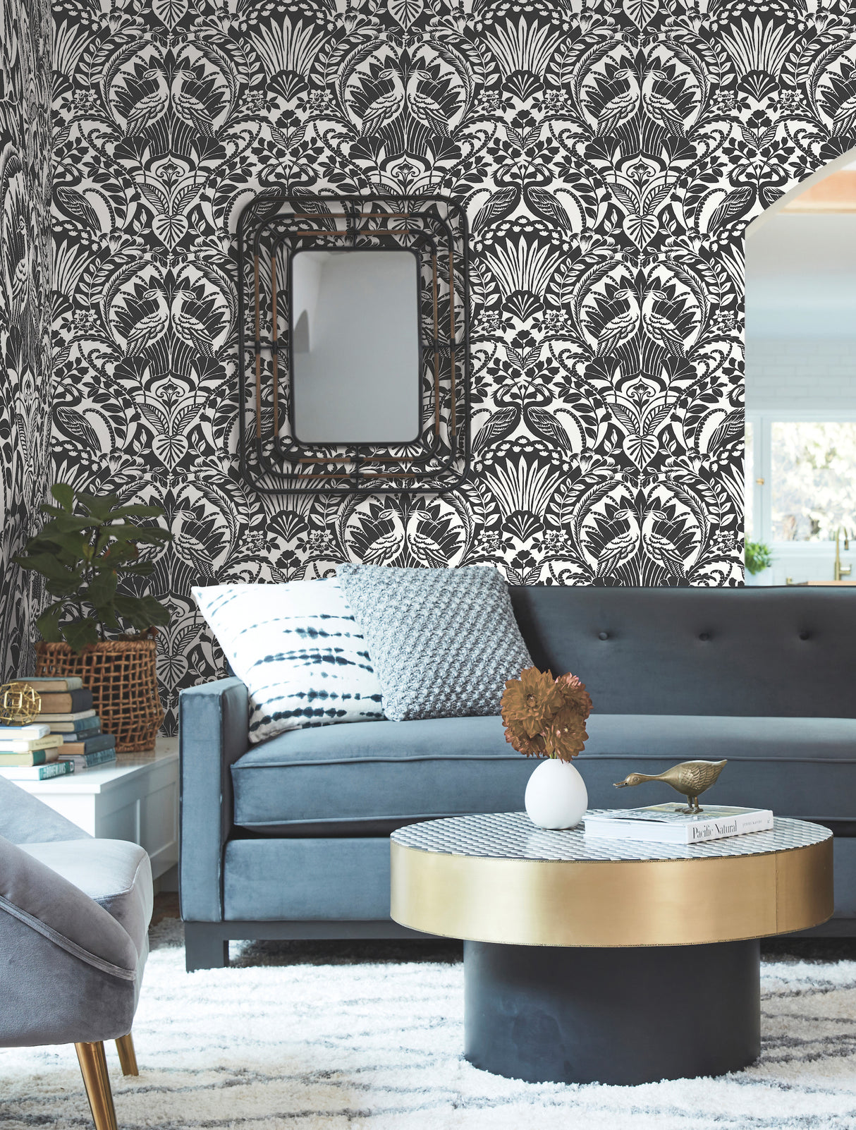 York BW3931 Egret Damask Black & White Wallpaper