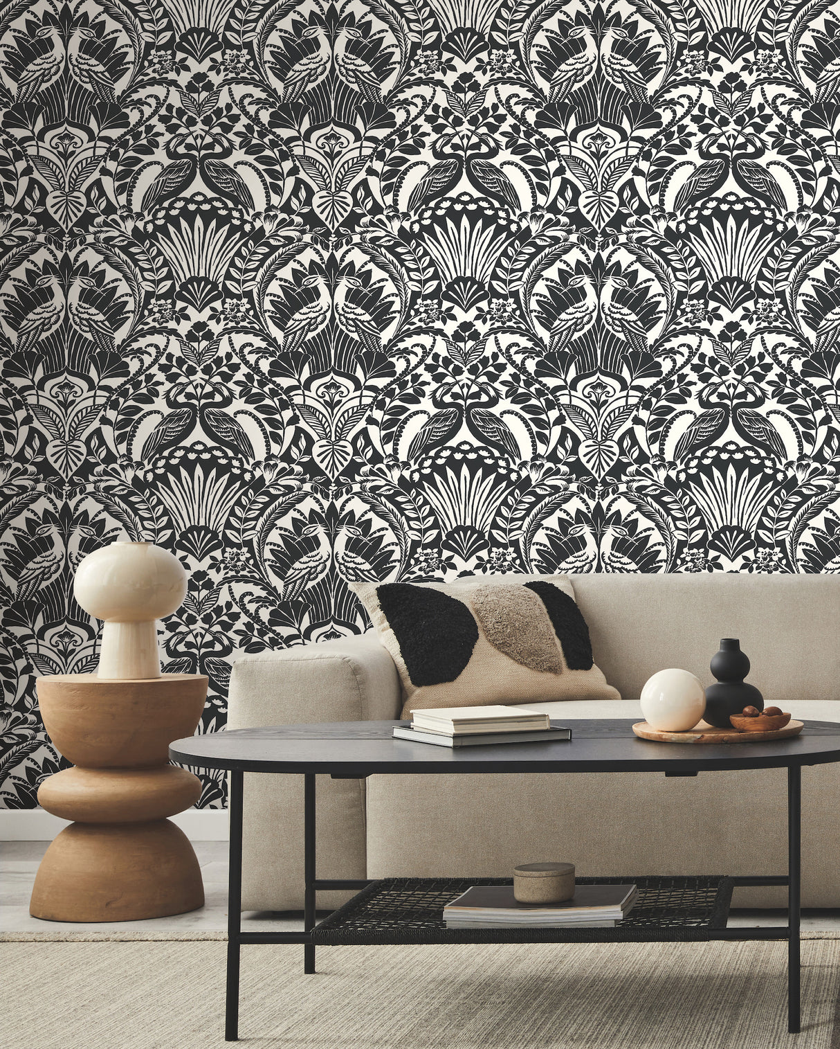 York BW3931 Egret Damask Black & White Wallpaper