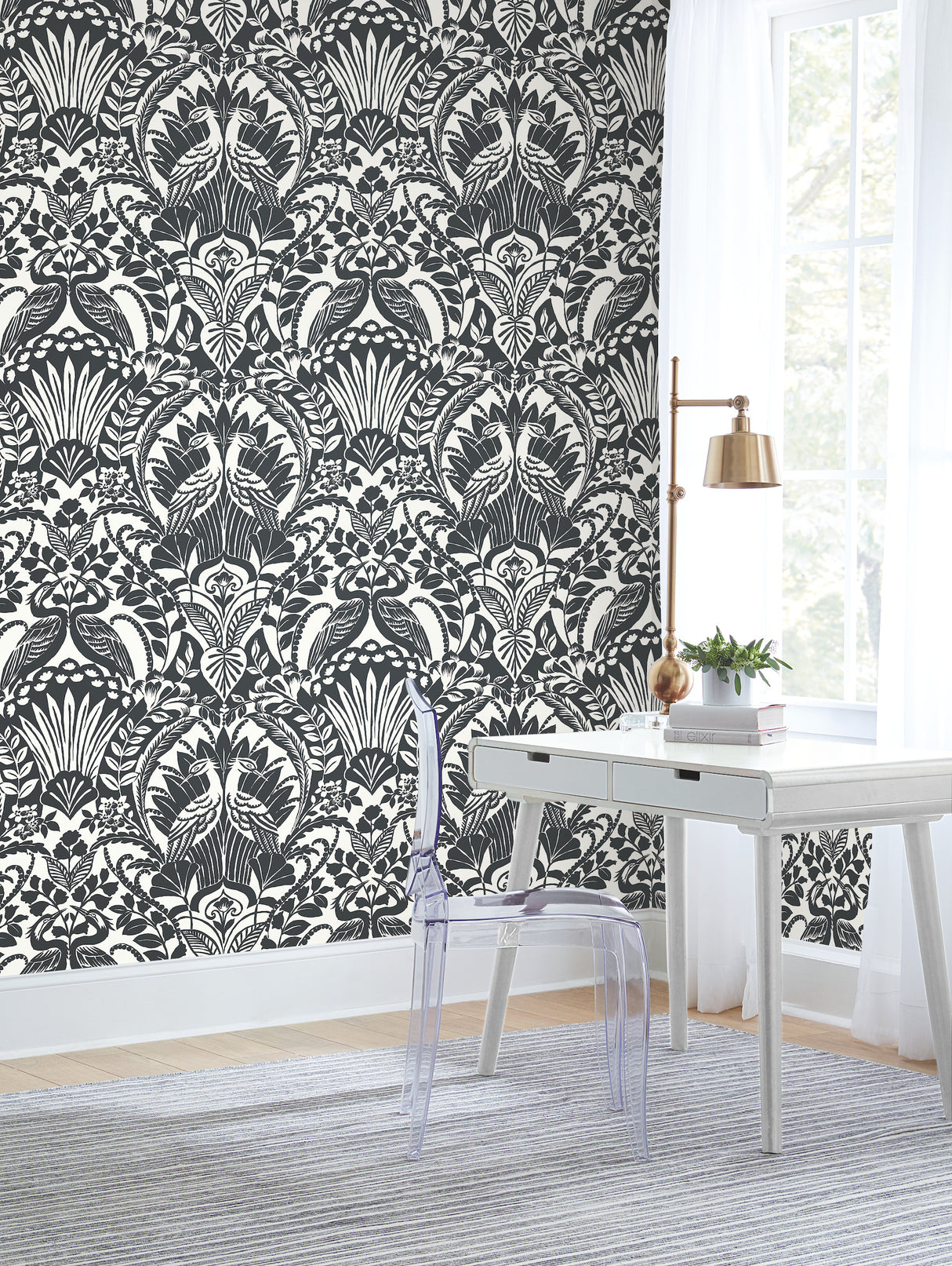 York BW3931 Egret Damask Black & White Wallpaper