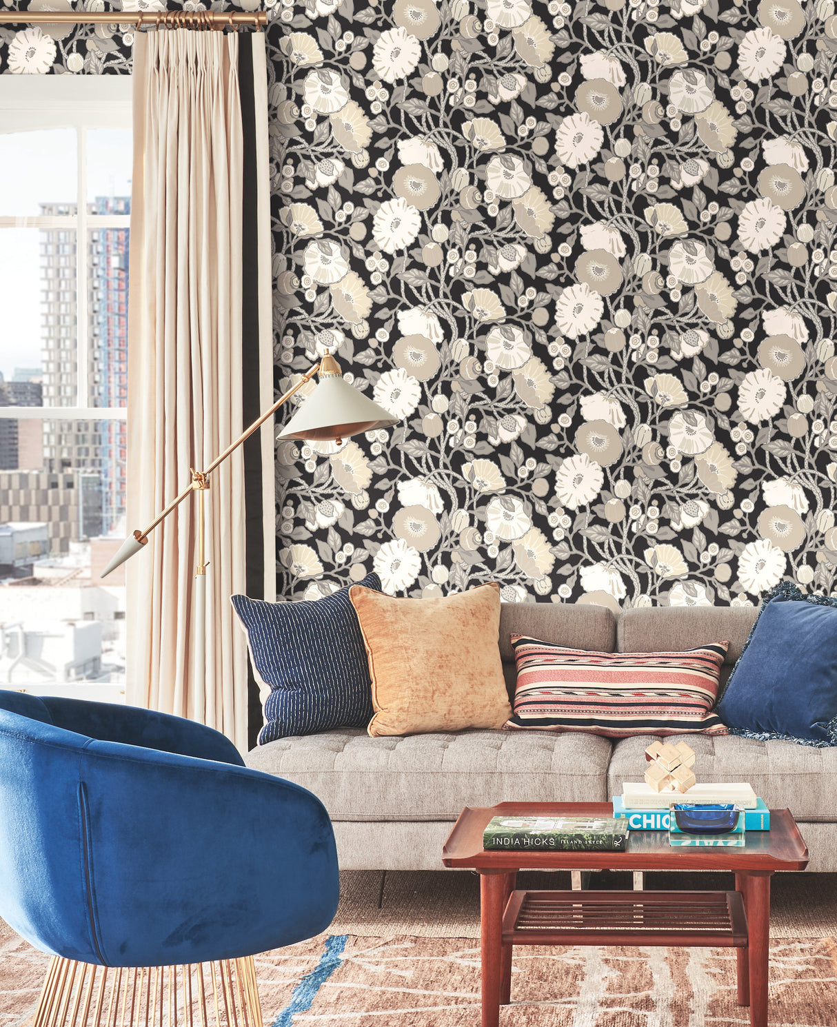 York BW3981 Vincent Poppies Black & Cream Wallpaper