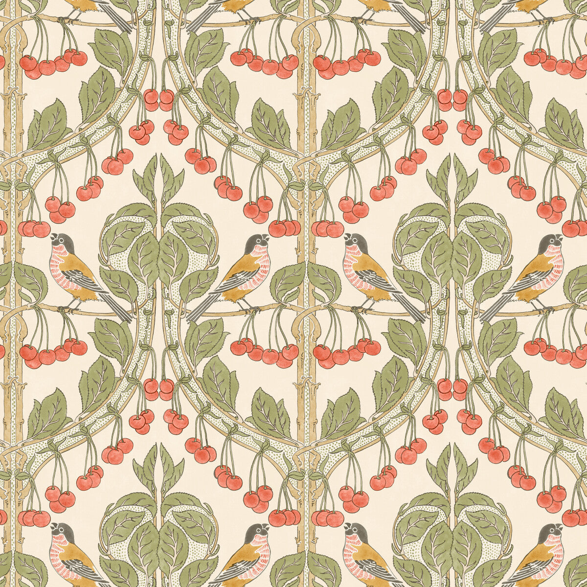 G P & J BAKER BW45100.1.0 BIRDS & CHERRIES RED/GREEN Wallpaper - Eade's Wallpaper
