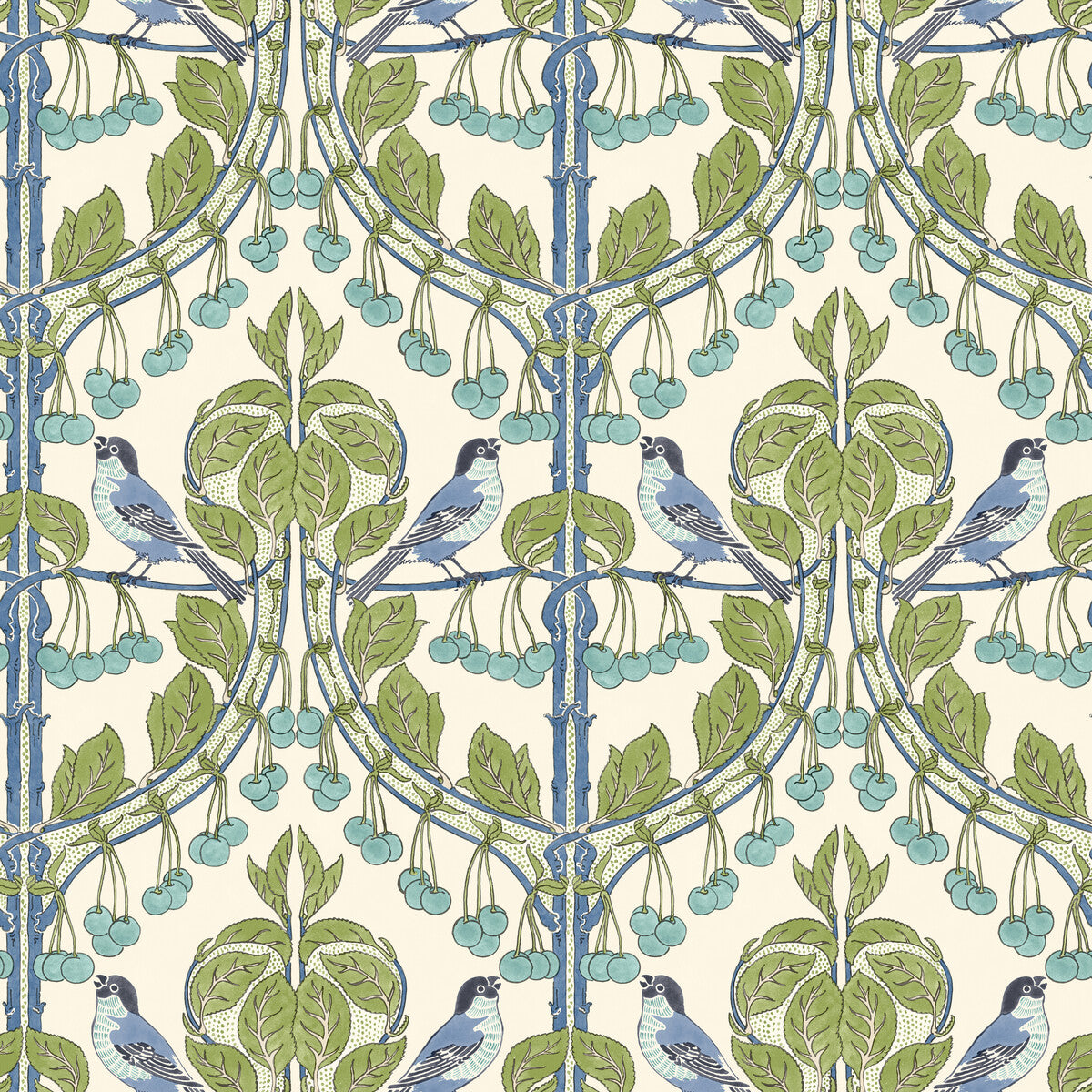 G P & J BAKER BW45100.2.0 BIRDS & CHERRIES GREEN/BLUE Wallpaper - Eade's Wallpaper