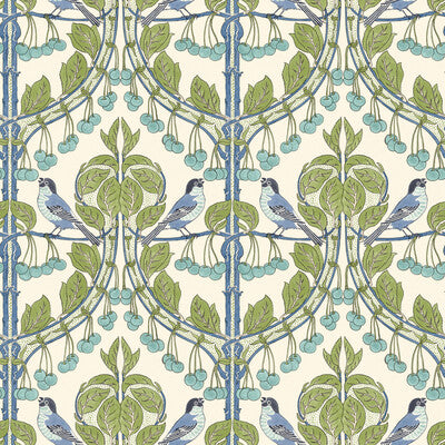 G P & J BAKER BW45100.2.0 BIRDS & CHERRIES GREEN/BLUE Wallpaper - Eade's Wallpaper
