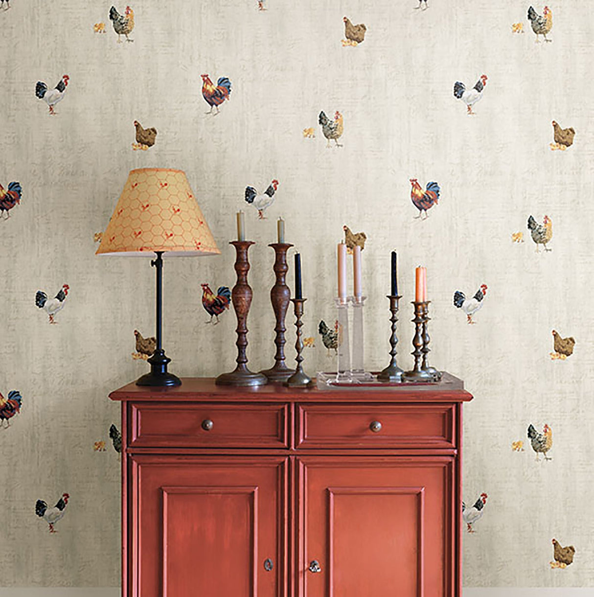 Chesapeake CTR64211 Lisle Grey Roosters & Script Wallpaper