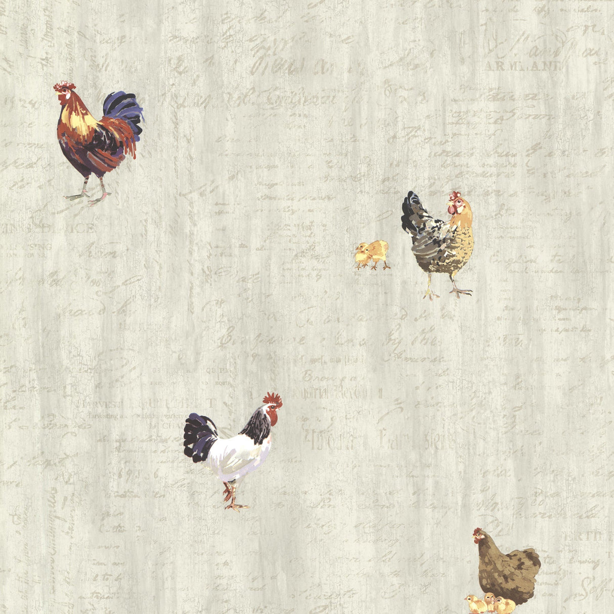 Chesapeake CTR64211 Lisle Grey Roosters & Script Wallpaper