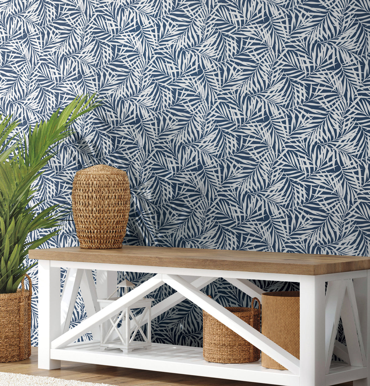 York CV4432 Oahu Fronds Navy & White Wallpaper