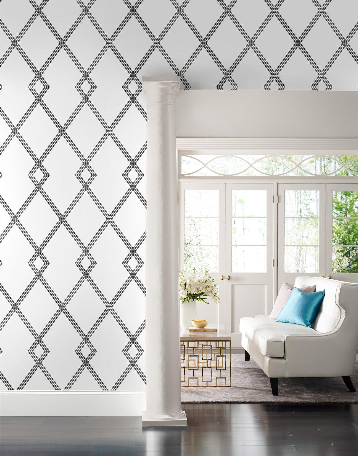 York CY1509 Ribbon Stripe Trellis White & Black Wallpaper