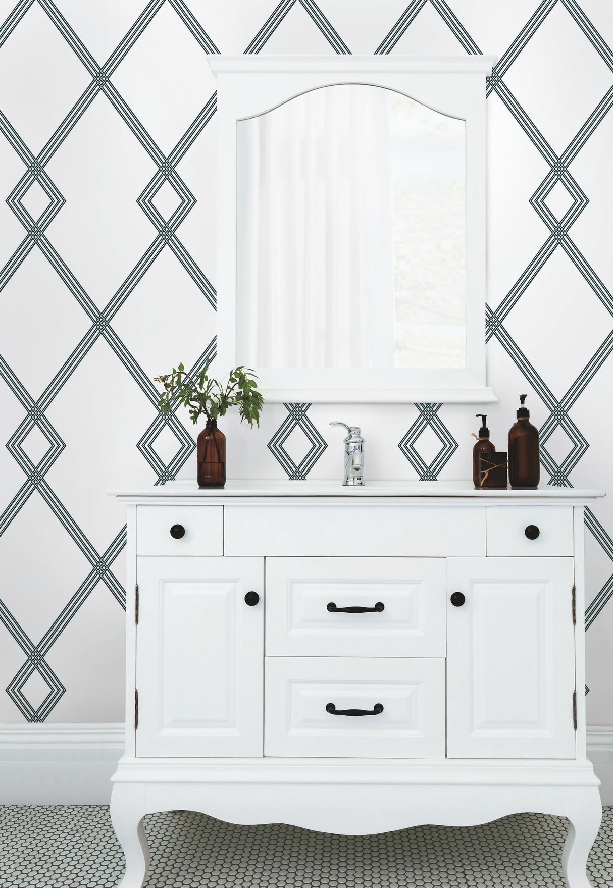 York CY1509 Ribbon Stripe Trellis White & Black Wallpaper