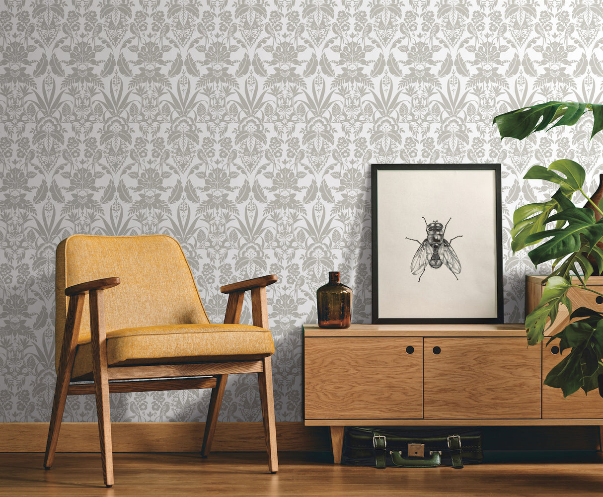 York CY1582 Grey Botanical Damask Wallpaper