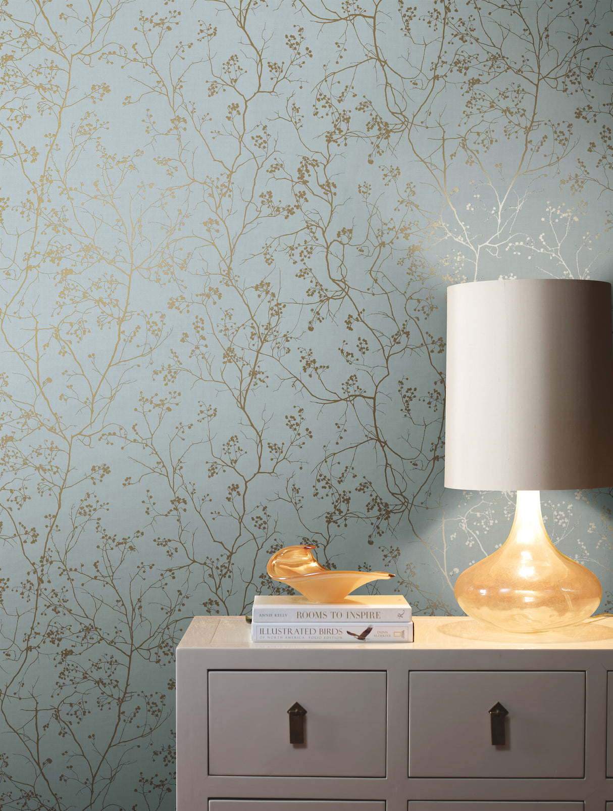 York DD3813 Luminous Branches Blue & Gold Wallpaper