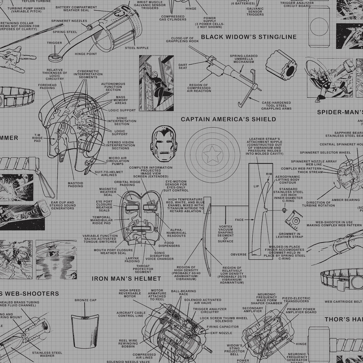 York DI0936 Marvels Heroes Schematics Grey & Black Wallpaper