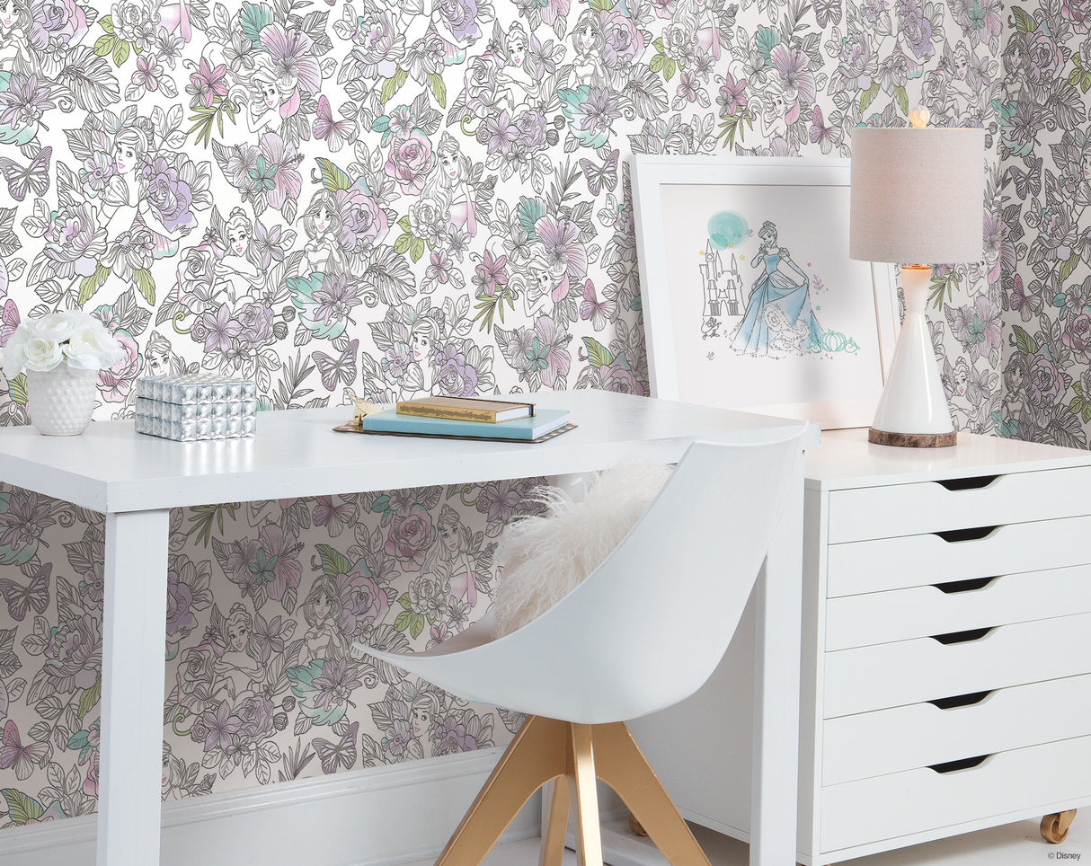 York DI0964 Disney Princess Royal Floral Purple Wallpaper
