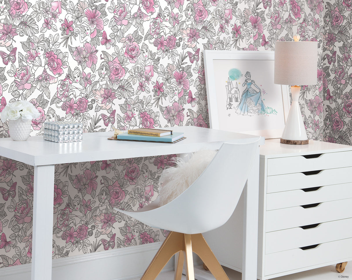 York DI0965 Disney Princess Royal Floral Magenta Wallpaper