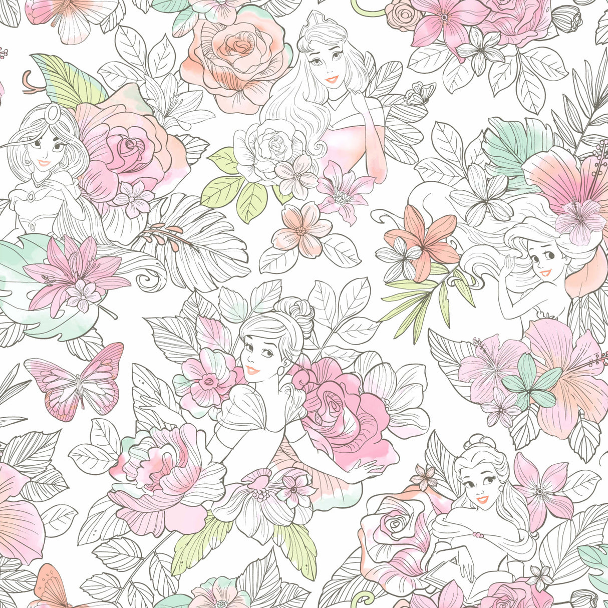 York DI0966 Disney Princess Royal Floral Coral Wallpaper