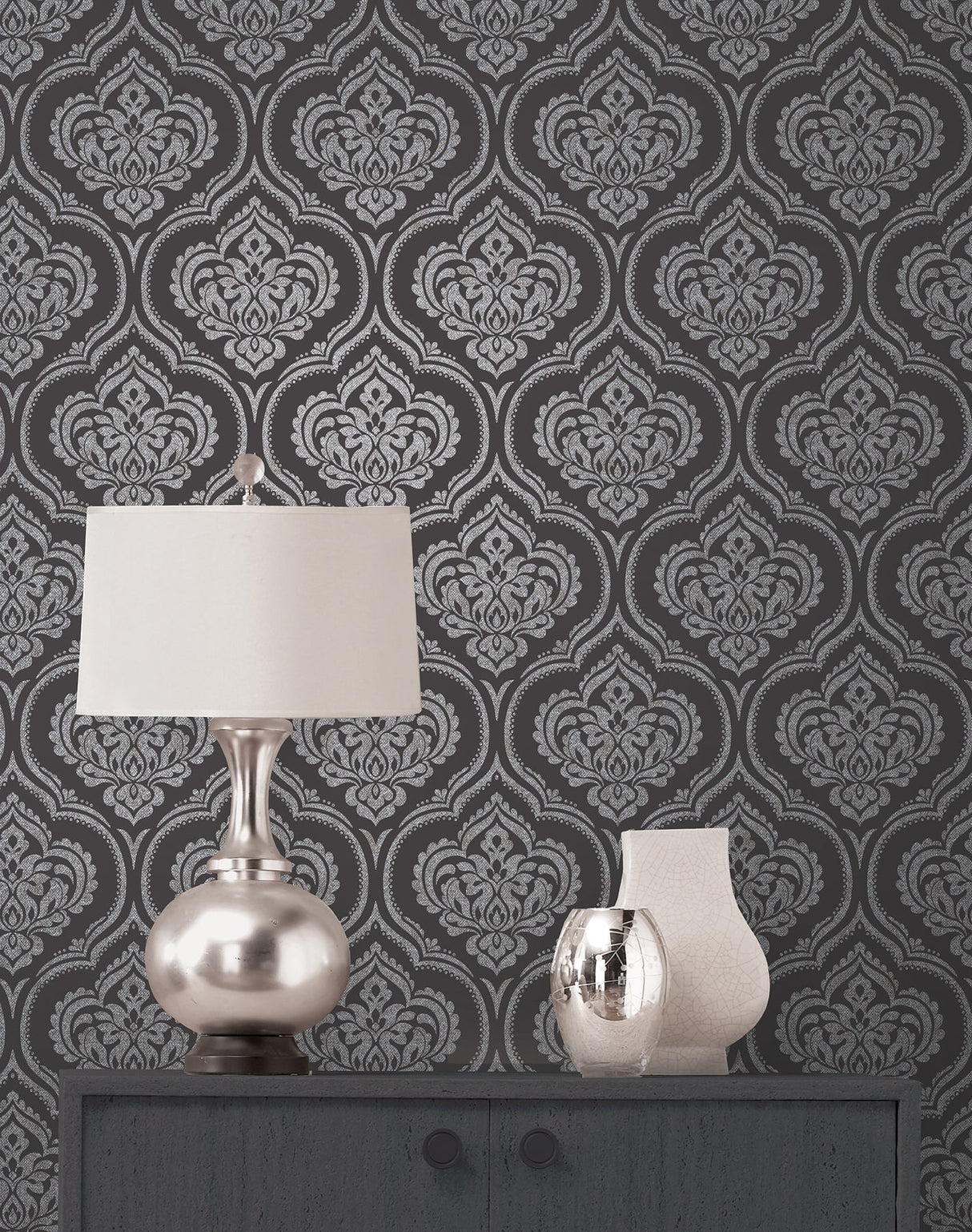 Fine Decor DL40590 Glitz Grey Ornamental Damask Wallpaper