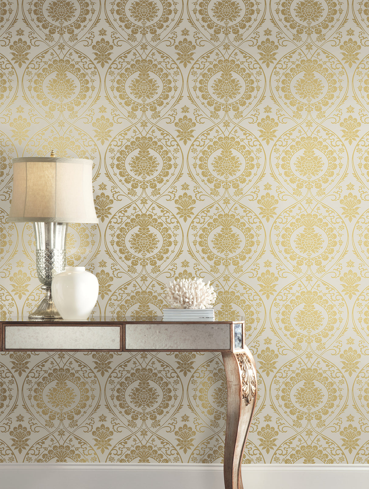 York DM4903 Imperial Damask Off White & Gold Wallpaper