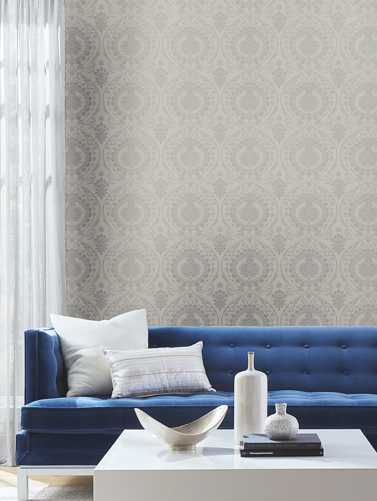 York DM4904 Imperial Damask Grey & Silver Wallpaper