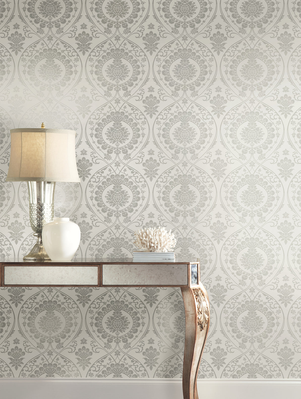 York DM4904 Imperial Damask Grey & Silver Wallpaper