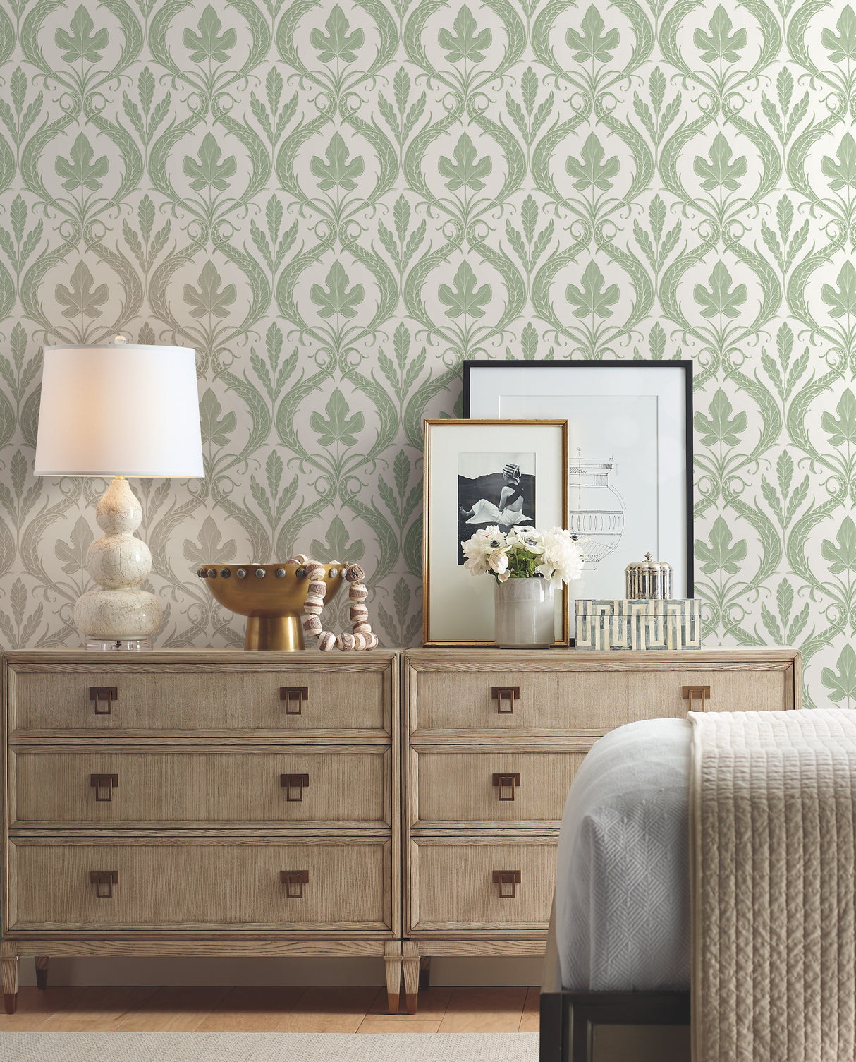 York DM4921 Adirondack Damask Green & White Wallpaper