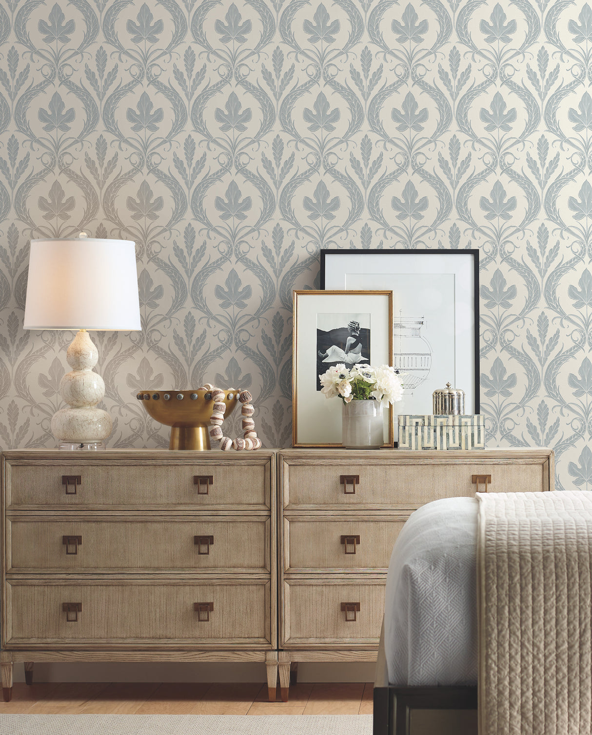 York DM4922 Adirondack Damask Blue & Beige Wallpaper