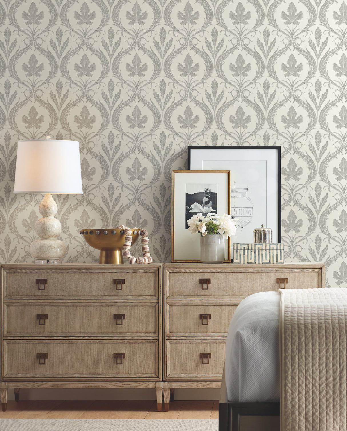 York DM4925 Adirondack Damask Grey & Beige Wallpaper