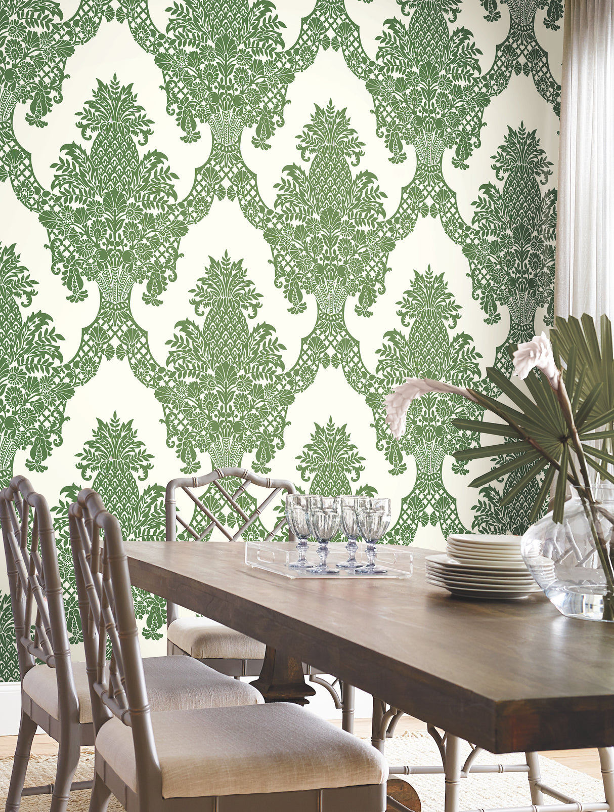 York DM4976 Pineapple Plantation Green & White Wallpaper