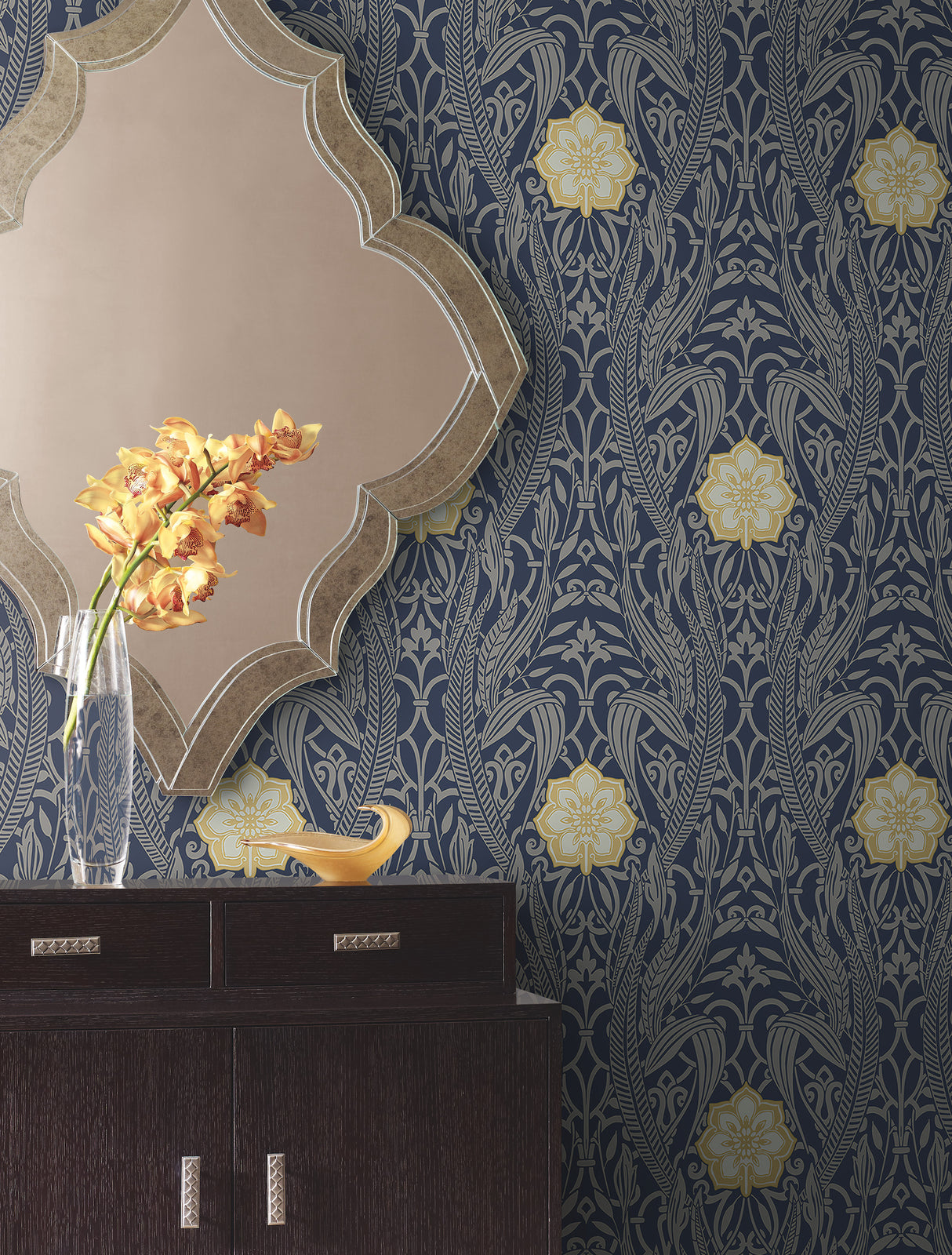 York DM4994 Gatsby Damask Navy Wallpaper