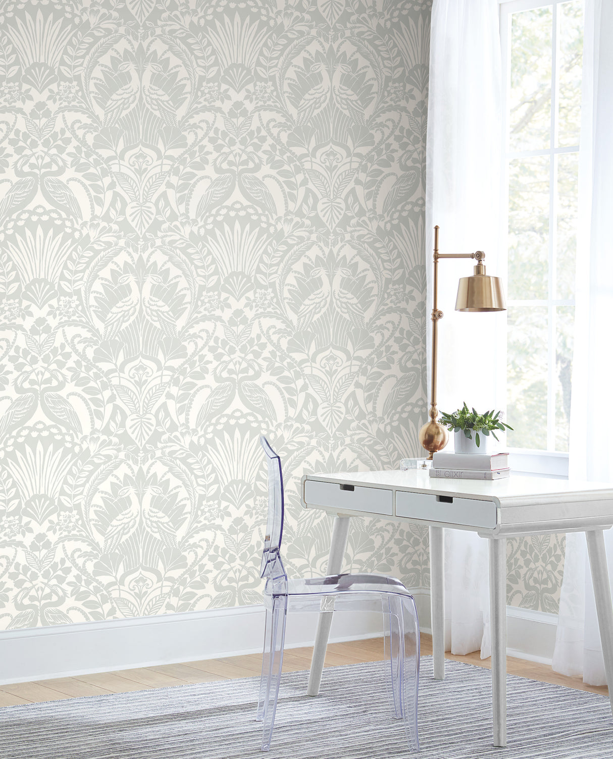York DM4998 Egret Damask Green Wallpaper