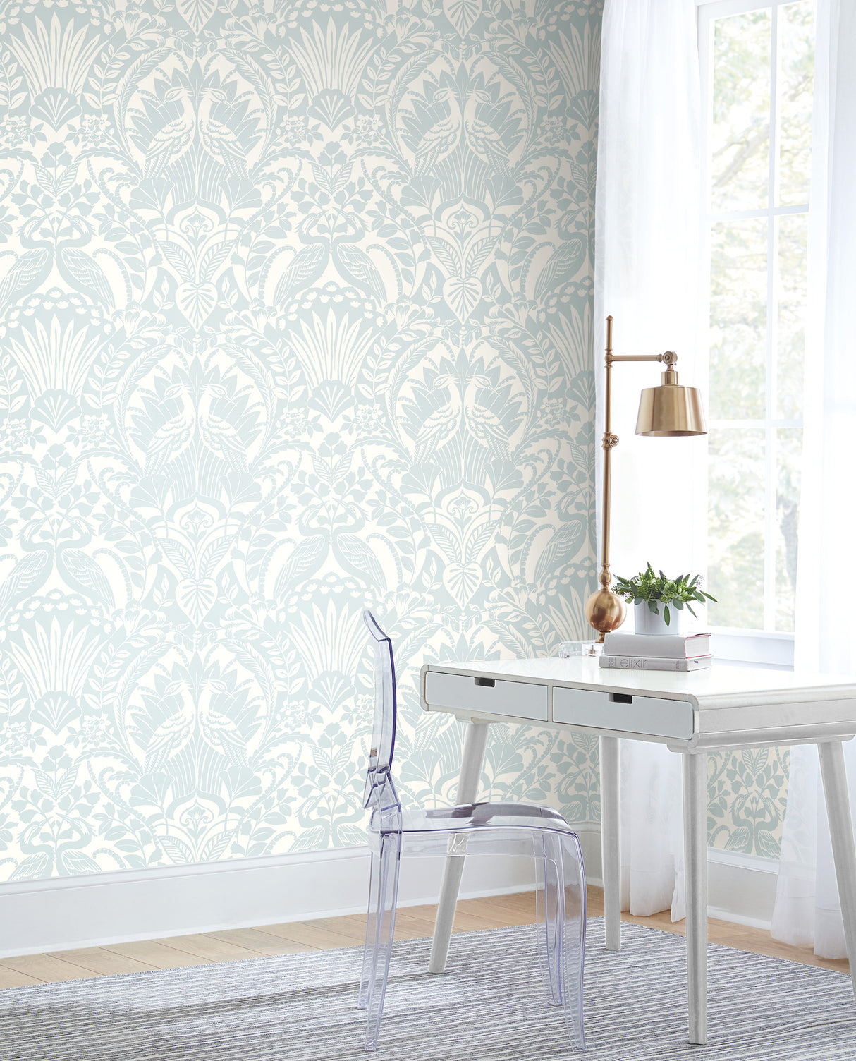York DM4999 Egret Damask Blue Wallpaper