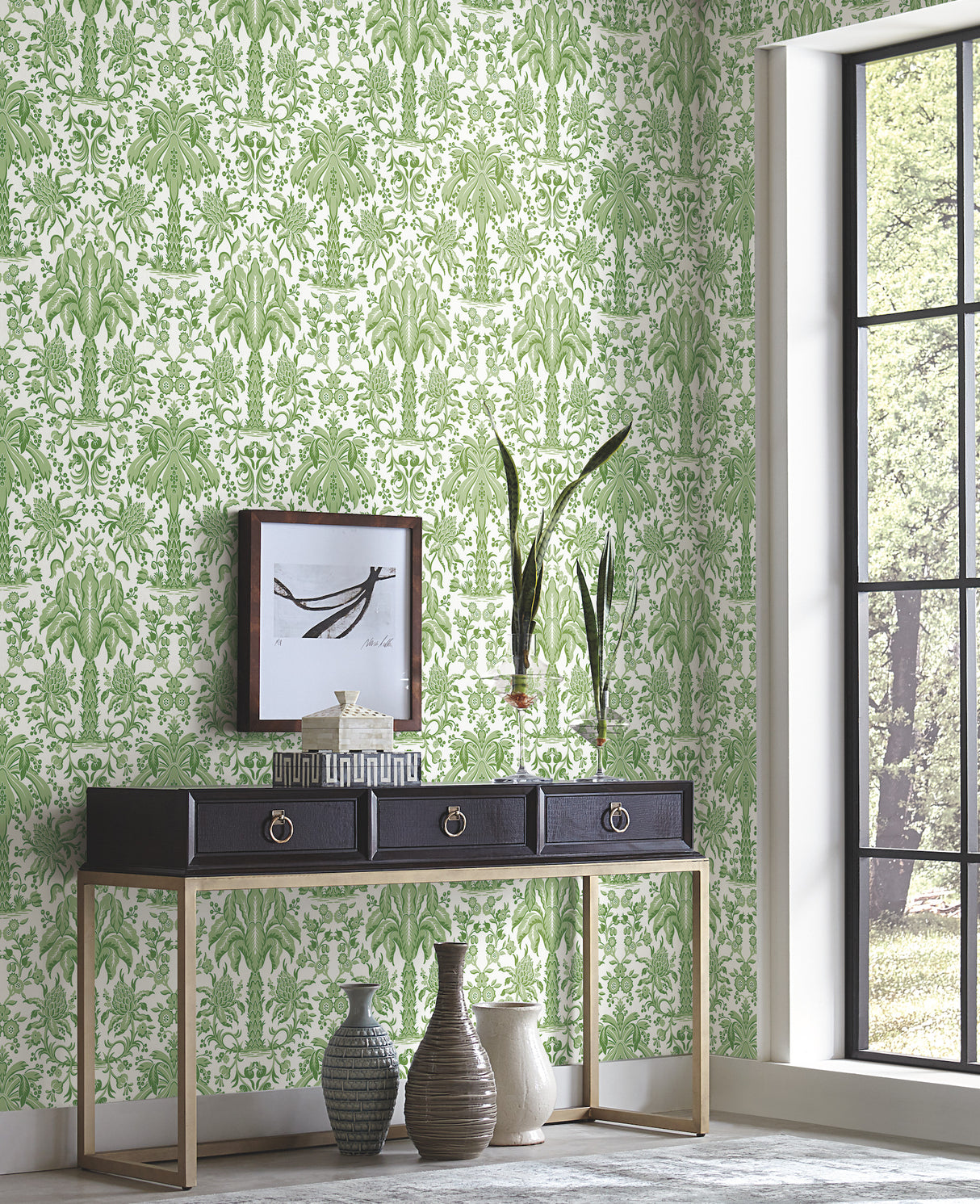 York DM5011 Palmetto Palm Damask Green Wallpaper