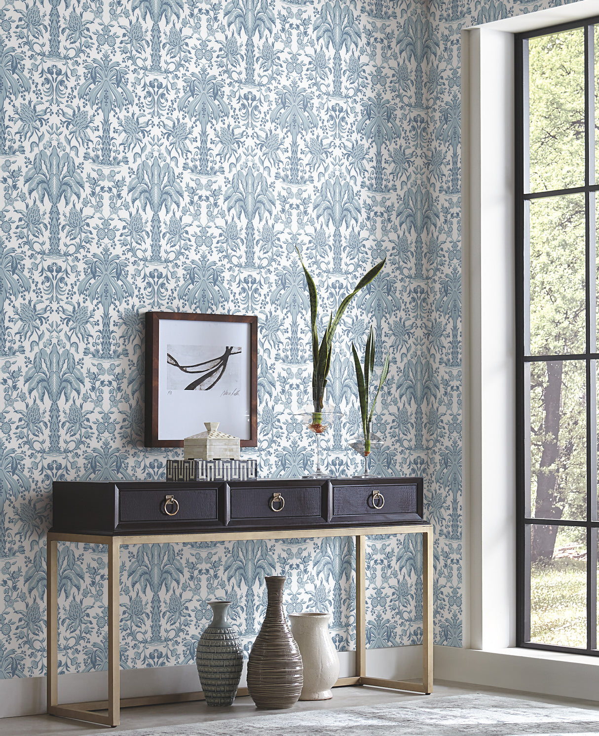 York DM5012 Palmetto Palm Damask Blue Wallpaper