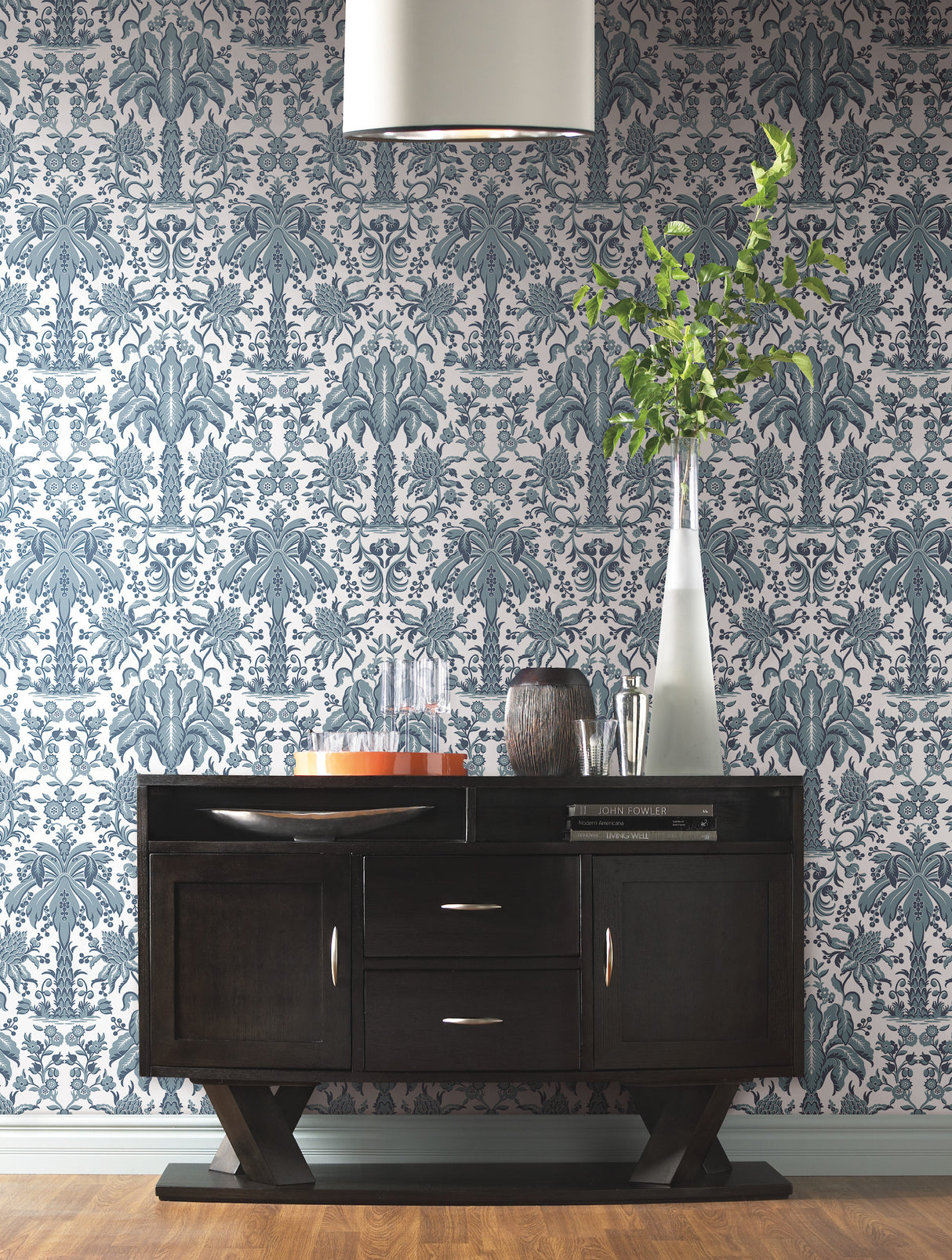 York DM5012 Palmetto Palm Damask Blue Wallpaper