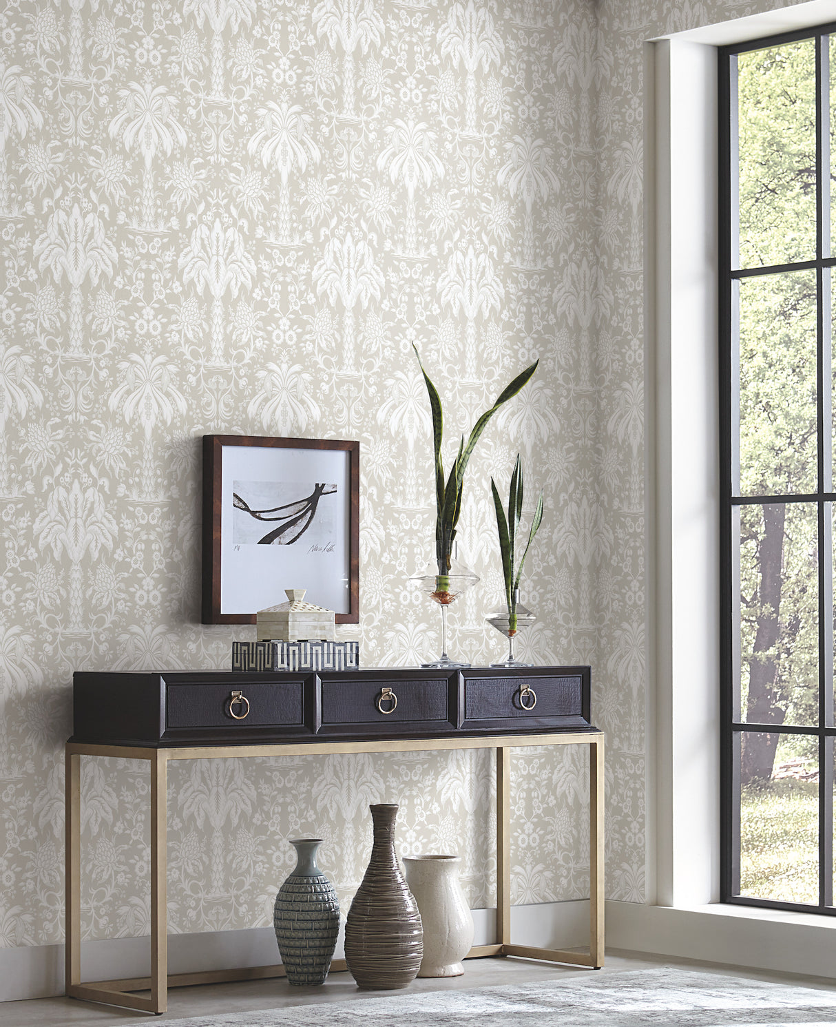 York DM5013 Palmetto Palm Damask Beige Wallpaper