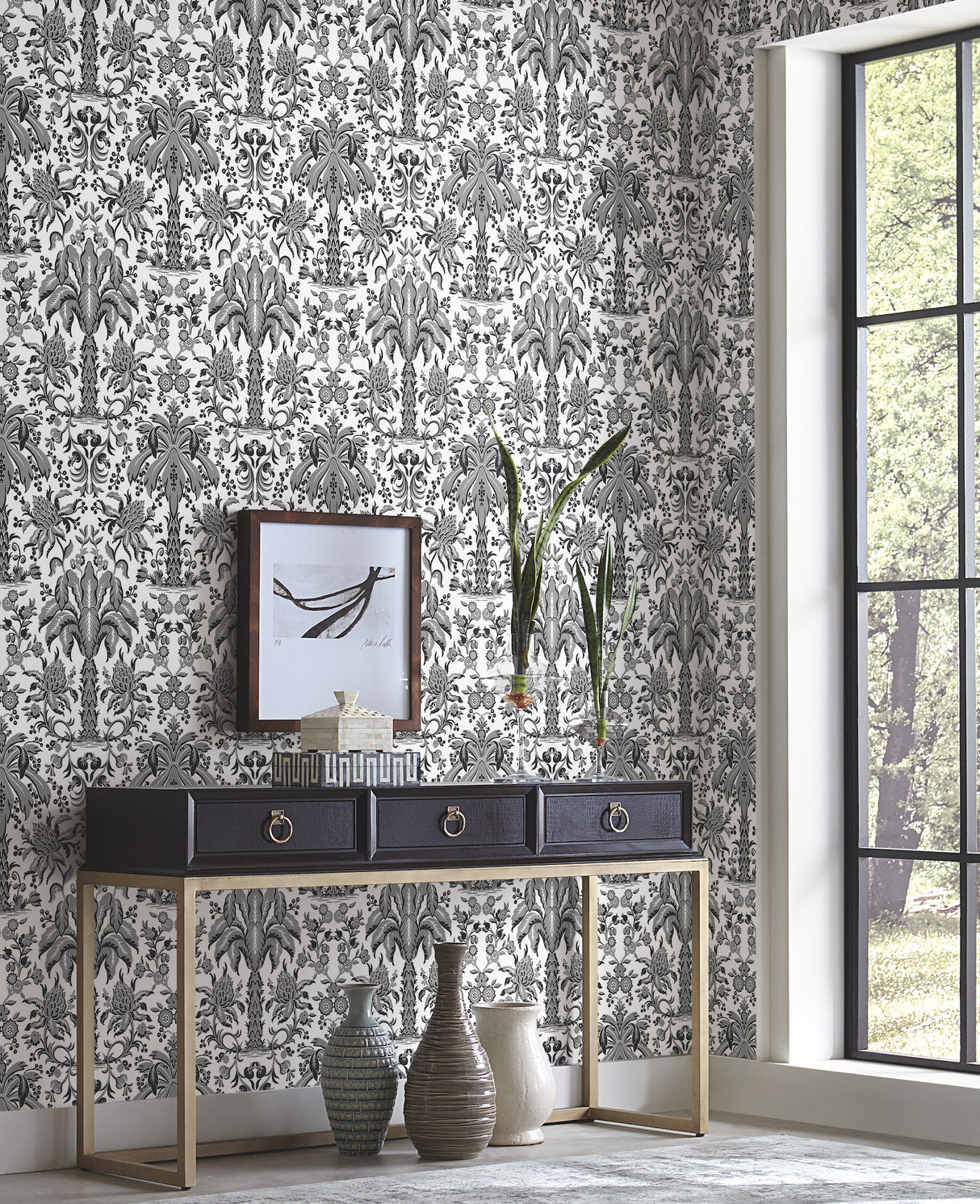 York DM5014 Palmetto Palm Damask Black Wallpaper