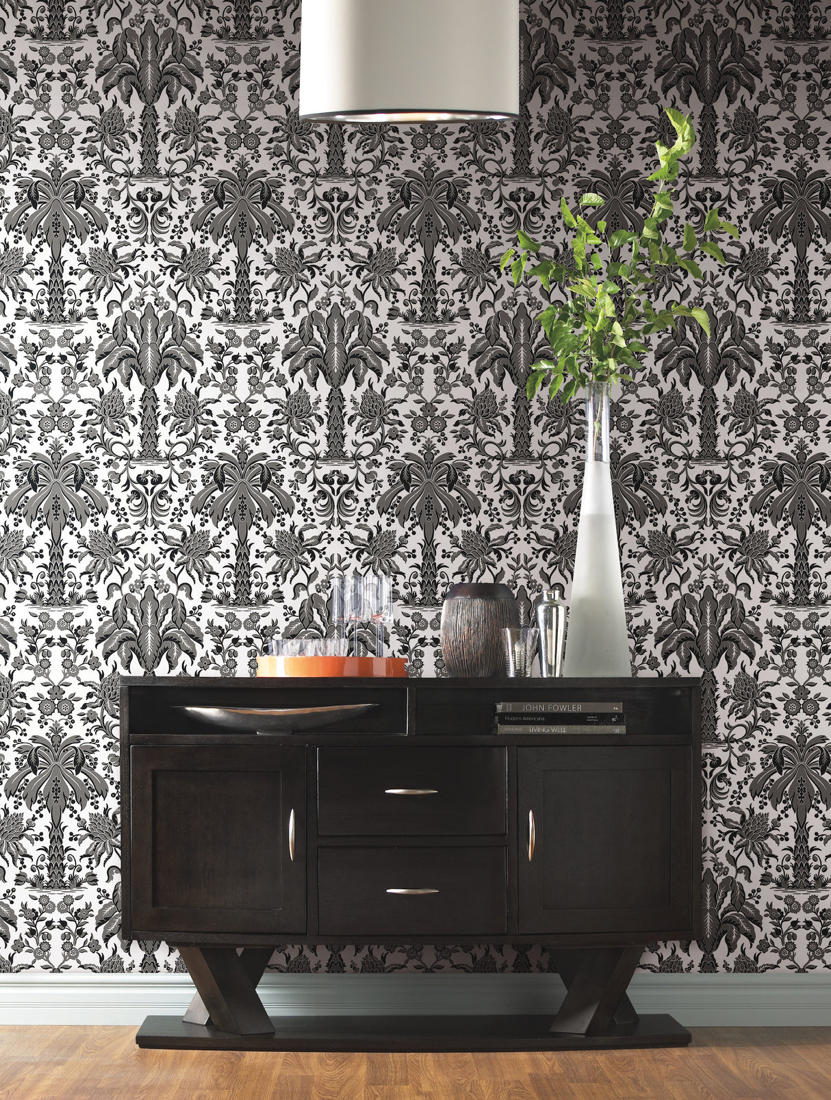 York DM5014 Palmetto Palm Damask Black Wallpaper