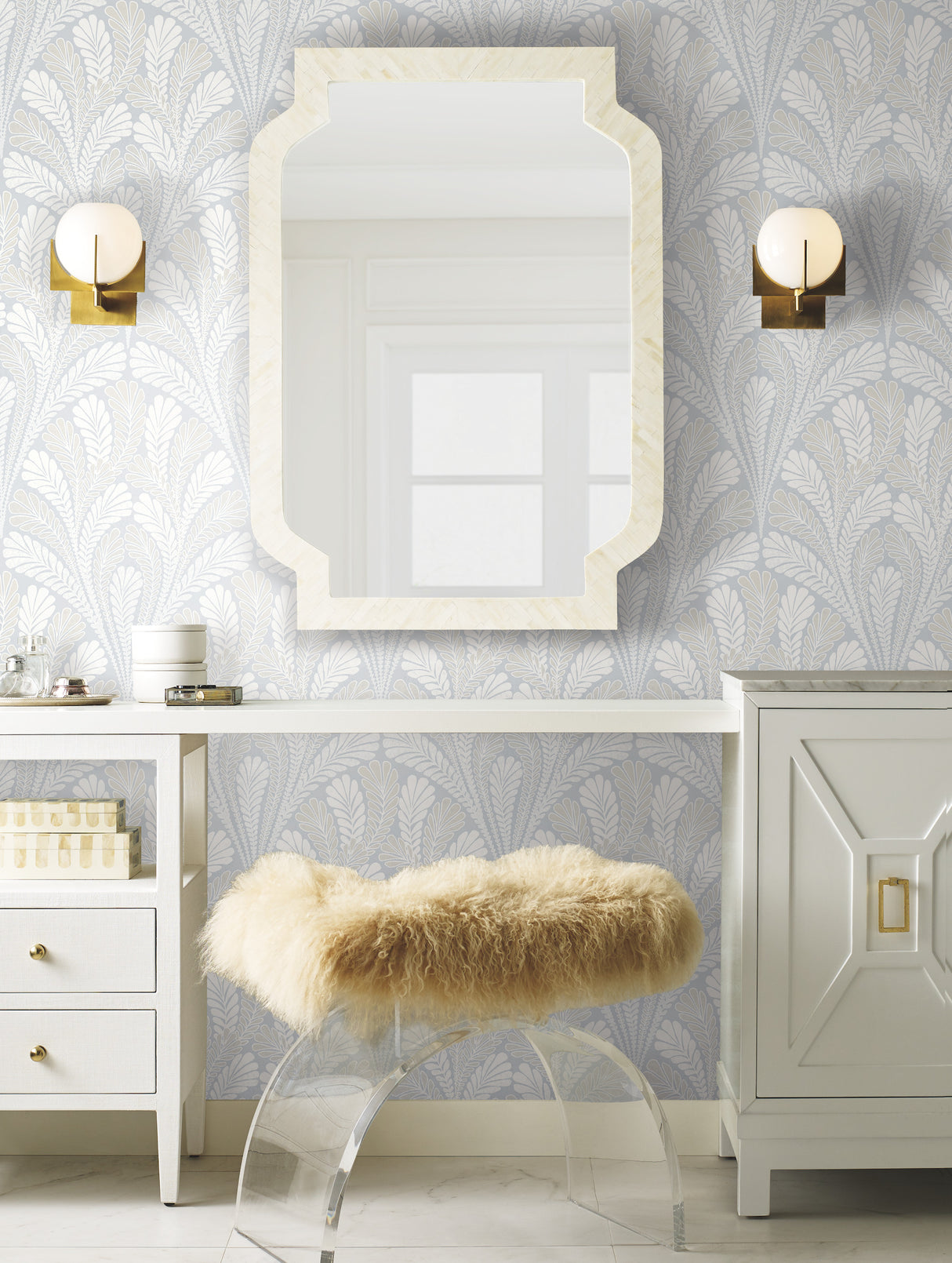 York DM5021 Shell Damask Blue Wallpaper