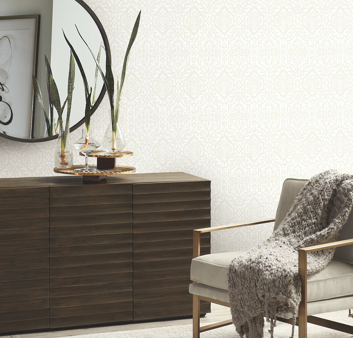 York DM5032 Catherdral Damask White Wallpaper