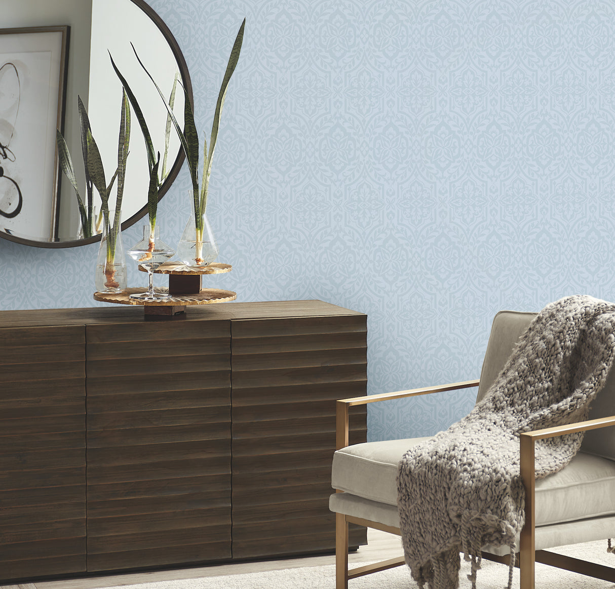 York DM5033 Cathedral Damask Blue Wallpaper