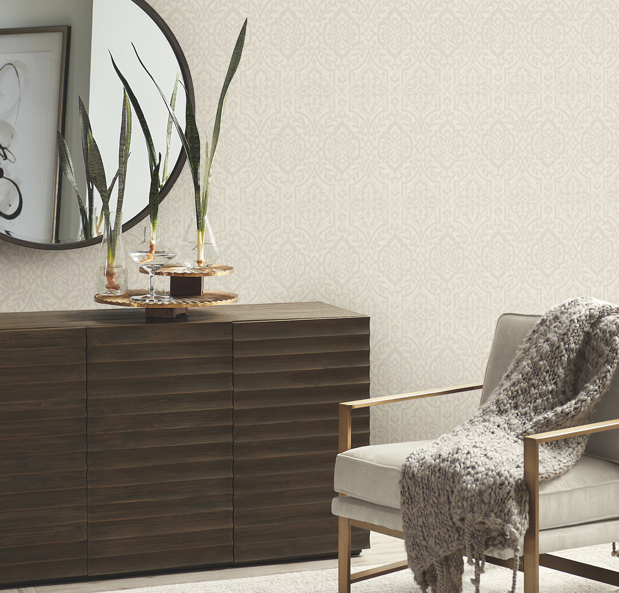 York DM5034 Catherdral Damask Taupe Wallpaper