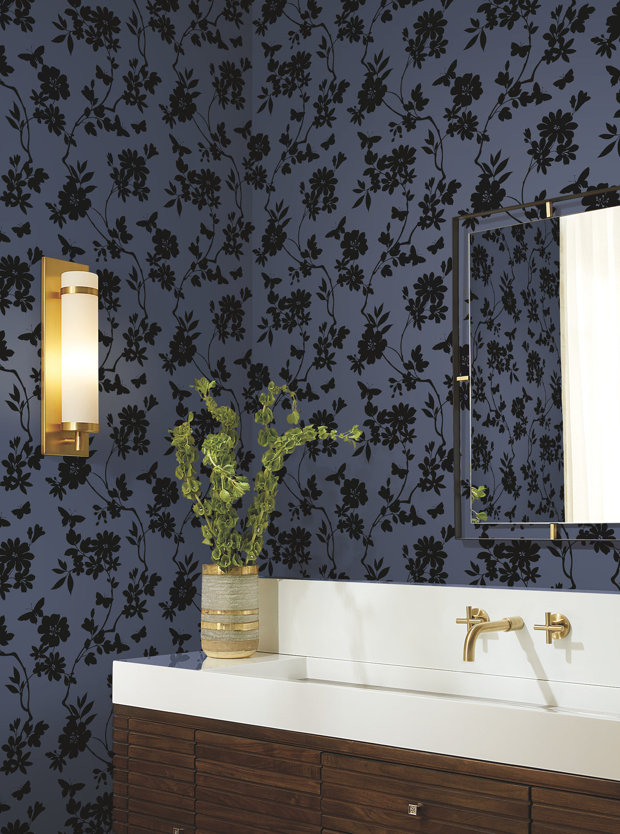 York DT5021 Flutter Vine Blue & Black Wallpaper