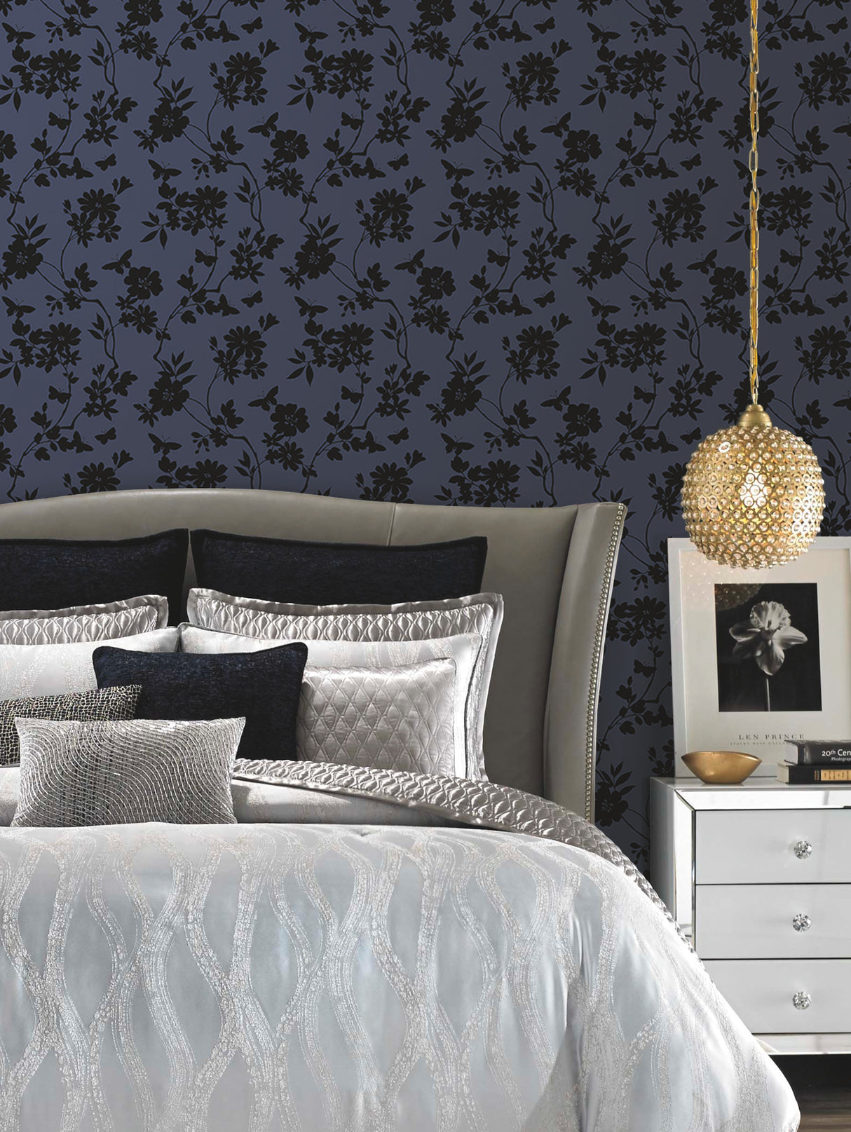 York DT5021 Flutter Vine Blue & Black Wallpaper