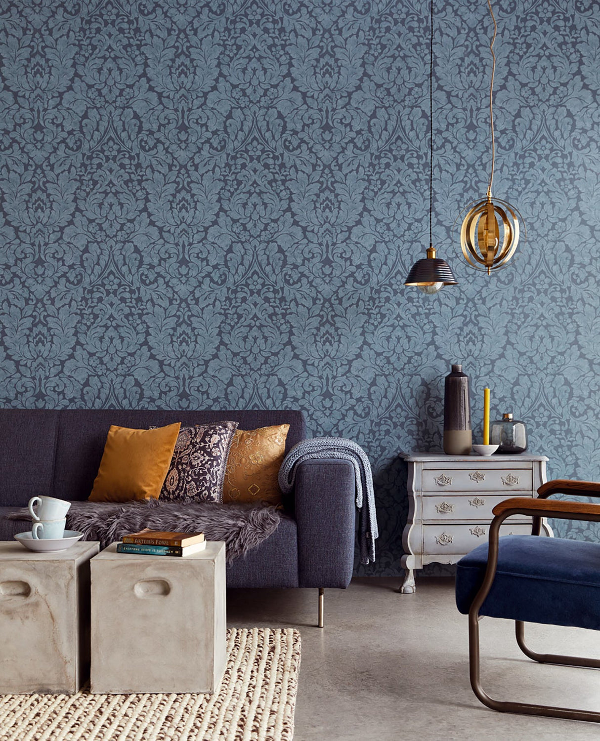 Eijffinger EJ382543 Arvid Blue Damask Wallpaper