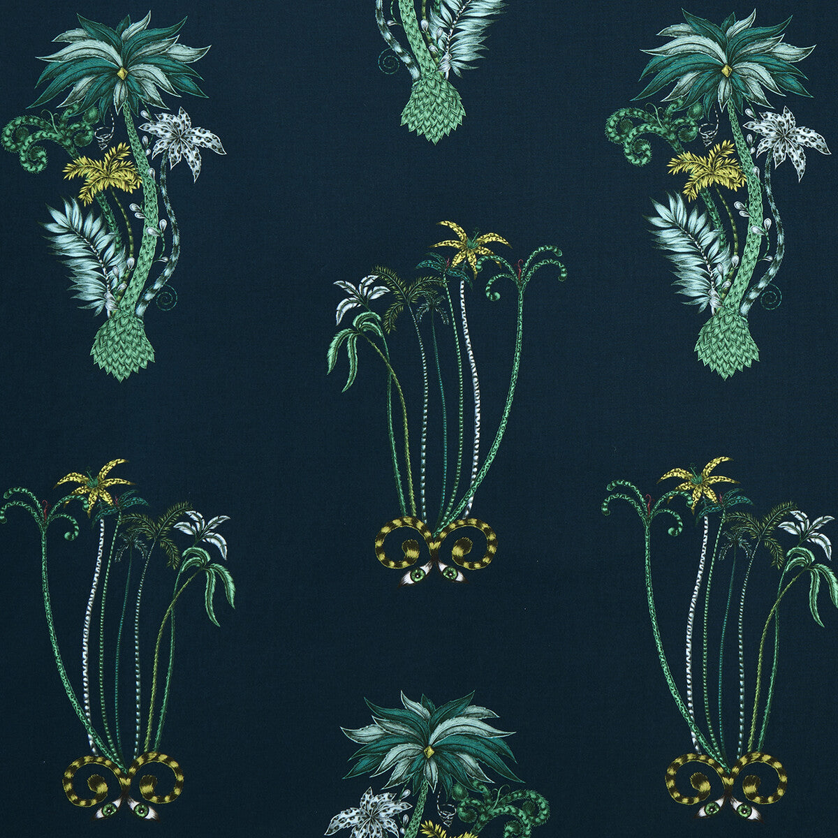 CLARKE AND CLARKE F1110/03.CAC.0 JUNGLE PALMS NAVY Fabric - Eade's Wallpaper