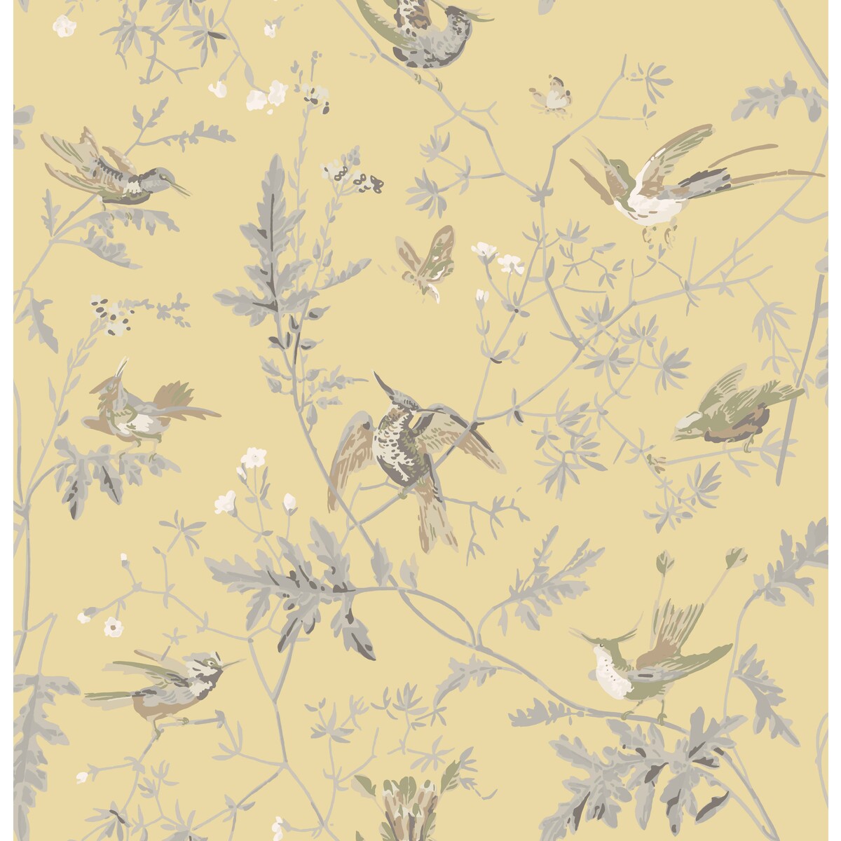 COLE & SON F111/1001.CS.0 HUMMINGBIRDS GLD/SFT GREY Fabric - Eade's Wallpaper