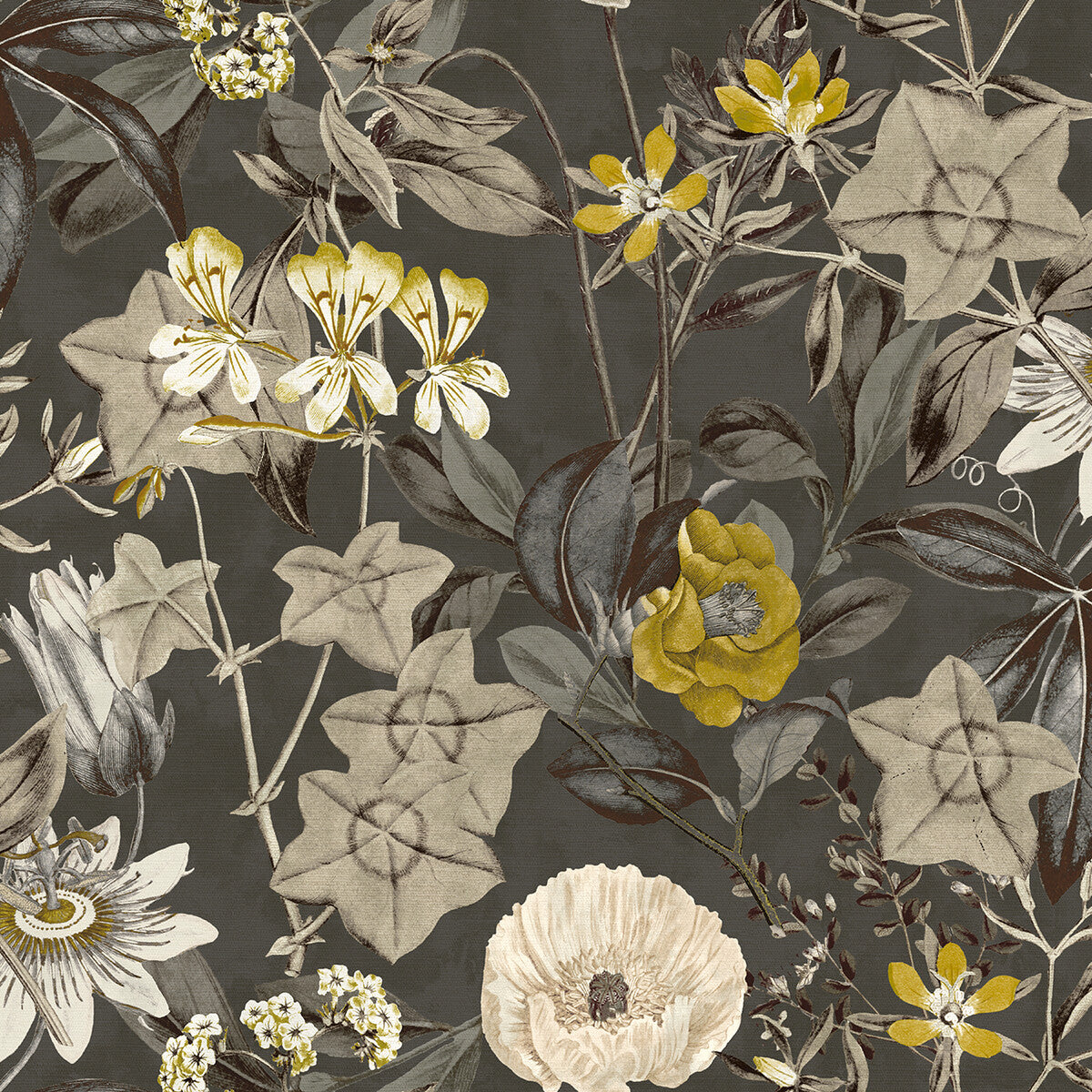 CLARKE AND CLARKE F1304/01.CAC.0 PASSIFLORA CHARCOAL Fabric - Eade's Wallpaper