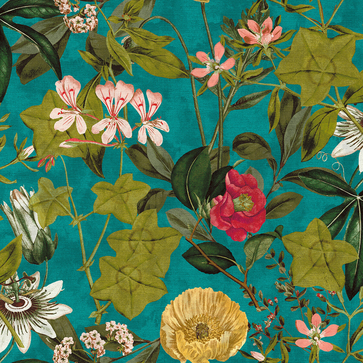 CLARKE AND CLARKE F1304/02.CAC.0 PASSIFLORA KINGFISHER Fabric - Eade's Wallpaper