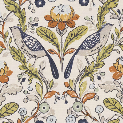 CLARKE AND CLARKE F1316/01.CAC.0 ORCHARD BIRDS BIRDS DENIM/SPICE Fabric - Eade's Wallpaper