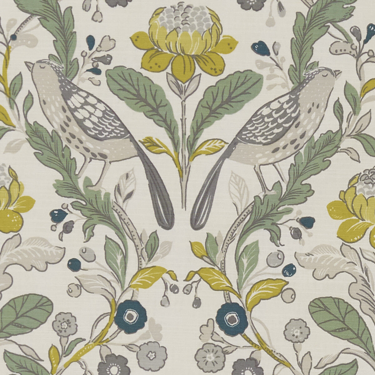 CLARKE AND CLARKE F1316/02.CAC.0 ORCHARD BIRDS BIRDS FOREST/CHARTREUSE Fabric - Eade's Wallpaper